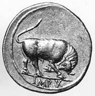 11 (13) RIC I2, 166 a. Augustus, Aureus, Lyon um 8 v. Chr., Gewicht: 7,855 g. Vs: Porträt mit Lorbeerkranz, AVGVSTVS DIVI F. Rs: Stier.