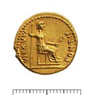 13 (17) RIC I2, 25. Tiberius, Aureus, Lyon 16-21 n. Chr., Gewicht: 7,815. Vs: Jugendliches Porträt mit Lorbeerkranz. Rs: Sitzende Frau mit Zweig und Szepter.
