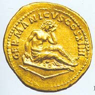 23 (32) RIC II, 127. Domitian, Aureus, Rom 88/89 n. Chr., Gewicht: 7,460 g. Vs: Kopf des Domitian mit Lorbeerkranz. Rs: Germania auf Schild, GERMANICVS COS XIIII