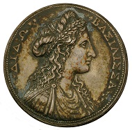 Medaille von Alessandro Cesati auf Dido von Karthago, die sagenhafte Stadtgründerin und Partnerin des Trojaners Aeneas; auf der Rückseite eine Stadtansicht Karthagos u.a. mit Trajanssäule, Kolosseum und Pantheon, HMB Inv. 1915.312.