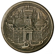 Medaille von Alessandro Cesati auf Dido von Karthago, die sagenhafte Stadtgründerin und Partnerin des Trojaners Aeneas; auf der Rückseite eine Stadtansicht Karthagos u.a. mit Trajanssäule, Kolosseum und Pantheon, HMB Inv. 1915.312.