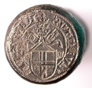 Prägefläche des Oberstempels vom Goldgulden des (Gegen-)Papstes Felix V., Historisches Museum Basel (HMB) Inv. 1905.3596.