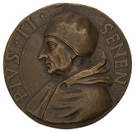 Medaille auf Papst Pius II., den vormaligen Konzilsteilnehmer und Gesandten Enea Silvio Piccolomini, der im Jahr 1460 die Gründung der Universität Basel gewährte und privilegierte, HMB Inv. 1905.678.