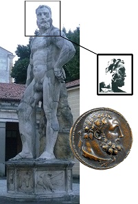 Herkules-Medaille im Vergleich mit der Herkules-Statue im Hinterhof des Palazzo von Marco Mantova Benavides (1489-1582), unweit der Eremitani-Kirche, in der er sich auch ein Monumentalgrab errichten ließ.