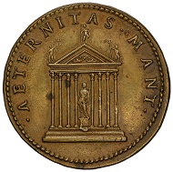 Medaille von Giovanni da Cavino auf Marco Mantova Benavides (1489-1582), rückseitig mit Tempelädikula und Inschrift auf die