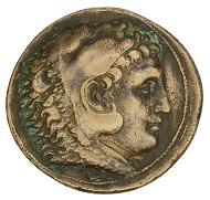 Medaille auf Alexander den Großen als Herkules nach einer makedonischen Tetradrachme, aber mit weiteren Herkules-Motiven wie der Keule und den Äpfeln der Hesperiden auf der Rückseite, HBM Inv. 2009.180.1.