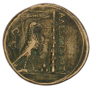 Medaille auf Alexander den Großen als Herkules nach einer makedonischen Tetradrachme, aber mit weiteren Herkules-Motiven wie der Keule und den Äpfeln der Hesperiden auf der Rückseite, HBM Inv. 2009.180.1.