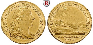Altdeutschland, Pfalz. Karl Theodor 1743-1799. Dukat 1763. Mannheim. Vorzüglich. 3.750 EUR.