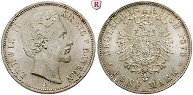 Deutsches Kaiserreich, Bayern. Ludwig II 1864-1886. 5 Mark 1876. D. Fast stempelfrisch. 720 EUR.