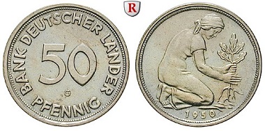 Bundesrepublik Deutschland. 50 Pfennig 1950. G. Fast stempelfrisch. 370 EUR.