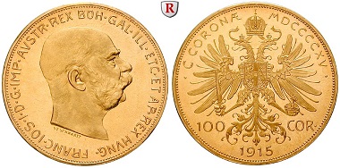 Österreich. Franz Joseph I., 1848-1916. 100 Kronen 1915. Neuprägung. Stempelfrisch. 1.153 EUR.