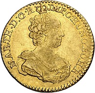 Nach dem Ende des spanischen Erbfolgekriegs waren die Spanischen Niederlande an Österreich gefallen. Deshalb existieren Prägungen Maria Theresias aus Antwerpen (Münzzeichen Hand) und Brüssel (Münzzeichen Engelsköpfchen): Maria Theresia. 2 Souverain d’or 1762, Brüssel. Sehr schön / Sehr schön bis vorzüglich. Taxe: 600 Euro. Aus Auktion Künker 294 (28./29. Juni 2017), Nr. 3426.