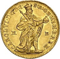Das Vorbild für die erste Prägung Maria Theresias waren die Münzen ihres Vaters:
Karl VI. Dukat 1738, Kremnitz. Aus Auktion Künker 294 (28./29. Juni 2017), Nr. 3420.