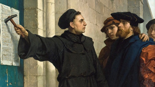 Luther schlägt die 95 Thesen an die Kirchentür von Wittenberg. Historistisches Gemälde von Ferdinand Pauweis (1830-1904).
