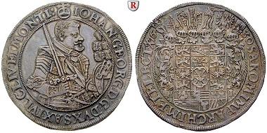 Altdeutschland. Sachsen, Albertinische Linie. Johann Georg I, 1615-1656. Reichstaler 1630. Dresden HI. Vorzüglich. 1.200 EUR.