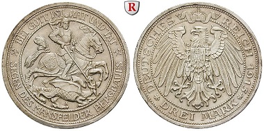 Deutsches Kaiserreich. Preußen. Wilhelm II., 1888-1918. 3 Mark 1915. A. Vorzüglich+. 720 EUR.