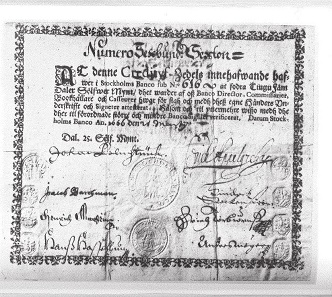 Die Palmstruch Banknote. – Wer in den vergangenen 20 Jahren ein Exemplar gekauft hat, sollte sorgfältig überprüfen, ob sein Stück nicht das dem Schwedischen Münzkabinett gestohlene ist.