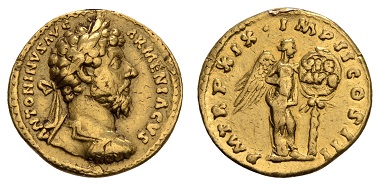 Los 7: Antike, Römer, Marcus Aurelius, 161-180. Aureus, 164, Rom. ss. Ausruf: 1.500 Euro, Zuschlag: 3.200 Euro.