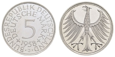 Los 1557: Deutschland, Bundesrepublik (DM), 5 DM Kursmünze 1958 J. PP. Ausruf: 10.000 Euro, Zuschlag: 14.500 Euro.