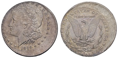 Los 2124: USA, Republik 1 $ 1884. New Orleans. Ausruf: 100 Euro, Zuschlag: 8.000 Euro.