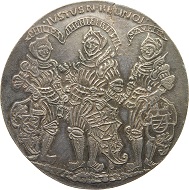 Kurfürst Johann Friedrich von Sachsen, Herzog Moritz von Sachsen, Landgraf Philipp von Hessen, Doppeltaler auf die Gefangennahme Herzog Heinrichs von Braunschweig, 1545, Silber, geprägt. Münzkabinett, © SKD. Foto: Kathleen Dittrich.