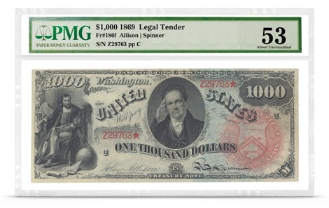 Eine 1869 $1.000 Rainbow in Privatbesitz (PMG AU 53.)
