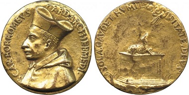 Karl Borromäus. Medaille, 1601-1610. Karl Borromäus im priesterlichen Gewand mit Birett. Rv. Lamm auf Altar. Umschrift SOLA GAVDET HVMILITATE DEVS (= Gott freut sich nur über die Demut). Aus Auktion Baldwin 64 82010), 597.