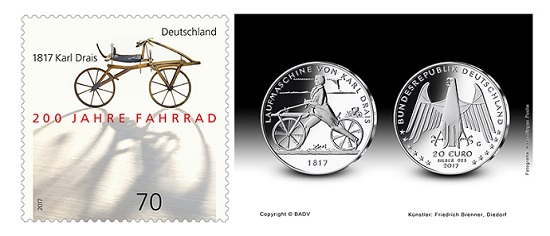 Deutschlands neues Sonderpostwertzeichen und eine Gedenkmünze erinnern an die Vorstellung der ersten Laufmaschine vor 200 Jahren.