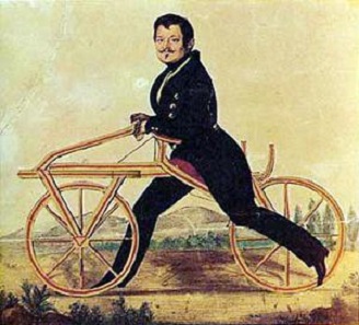 Karl von Drais auf seiner Laufmaschine („Draisine“). Kolorierte Lithographie der 1830er Jahre.