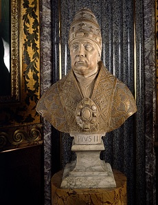 Porträtbüste Papst Pius’ II. (1459-1464). Umfeld des Paolo di Mariano di Tuccio, genannt Paolo Romano (dokumentiert für 1451-1470); vor 1463; aus dem Palazzo Apostolico Vaticano. Vatikanstadt, Musei Vaticani (Museo Pio Cristiano). Foto: © Musei Vaticani, Governatorato dello Stato della Città del Vaticano, tutti i diritti riservati.