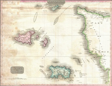 Die Inseln von Jersey und Guernsey in einer Karte von 1818 von J. Pinkerton. Quelle: Wikipedia.
