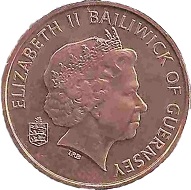 Eine 1-Penny-Münze aus Guernsey zeigt auf der Rückseite eine Krabbe.