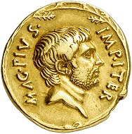 Nr. 615: Sextus Pompeius, +35 v. Chr., mit Pompeius Magnus und Gnaeus Pompeius. Aureus, 37-36 v. Chr., sizilische Münzstätte. Sehr selten. Sehr schön
Taxe: 75.000,- Euro.