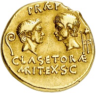 Nr. 615: Sextus Pompeius, +35 v. Chr., mit Pompeius Magnus und Gnaeus Pompeius. Aureus, 37-36 v. Chr., sizilische Münzstätte. Sehr selten. Sehr schön
Taxe: 75.000,- Euro.