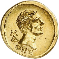 Nr. 661: Polemon I. von Bosporus für Augustus. Goldstater, Jahr 289 (= 9/8 v. Chr.). Aus Sammlung Großfürst Alexander Michailowitsch Romanow. Äußerst selten. Fast stempelglänzendes Prachtexemplar.Taxe: 60.000,- Euro.