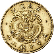 Nr. 4266: China. Probeprägungen der Prägeanstalt Otto Beh, Esslingen. Provinz Kwangtung. 1 Dollar (7 Mace, 2 Candareens) i. J. (1890). Probe in Messing der Firma Louis Schuler, Göppingen. Vorzüglich. Taxe: 20.000,- Euro.