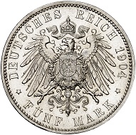 Nr. 5553: Bremen. 5 Mark 1904. Äußerst selten. Fast Stempelglanz aus Polierter Platte. Taxe: 35.000,- Euro.