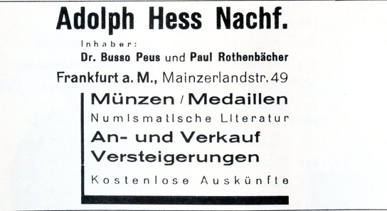 Anzeige von Adolph Hess Nachf. unter Dr. Busso Peus und Paul Rothenbächer.