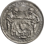 Brustbild Luthers mit Barett und Talar / Engel mit Lutherrose, 1530, Medaille von Wolf Milicz, Blei.