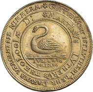 Unter dem strahlenden hebräischen Gottesnamen hebt Luther einen Scheffel von einer brennenden Kerze / Schwan, 1617, Medaille von Christian Maler, Goldblech.