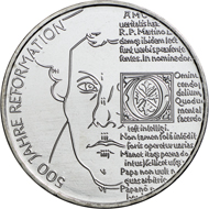 Stilisierter Kopf Luthers mit Barett, rechts Einleitung und Beginn der 95 Thesen, 2017, 20 Euro, Entwurf P. Niesel, Silber.