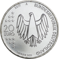 Stilisierter Kopf Luthers mit Barett, rechts Einleitung und Beginn der 95 Thesen, 2017, 20 Euro, Entwurf P. Niesel, Silber.