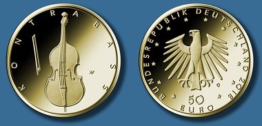 Goldene 50-Euro-Gedenkmünze „Kontrabass“. Quelle: BADV.