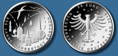 20-Euro-Gedenkmünze „800 Jahre Hansestadt Rostock. Quelle: BADV.