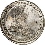 Nr. 2432: Hanau-Münzenberg. Maria von Braunschweig, 1760-1764. Konventionstaler 1764, Hanau. Äußerst selten. Erstabschlag. Stempelglanz. Taxe: 20.000,- Euro.