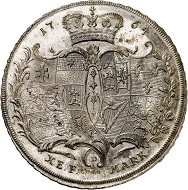 Nr. 2432: Hanau-Münzenberg. Maria von Braunschweig, 1760-1764. Konventionstaler 1764, Hanau. Äußerst selten. Erstabschlag. Stempelglanz. Taxe: 20.000,- Euro.