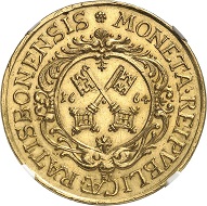 Nr. 2594: Regensburg. 4 Dukaten 1664. Sehr selten. NGC MS63. Vorzüglich bis Stempelglanz. Taxe: 20.000,- Euro.