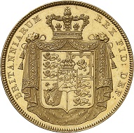 Nr. 3231: Grossbritannien. Georg IV., 1820-1830. 5 Pounds 1826, London. Nur 150 Exemplare geprägt. Von polierten Stempeln. Vorzüglich / Vorzüglich bis Stempelglanz. Taxe: 25.000,- Euro.