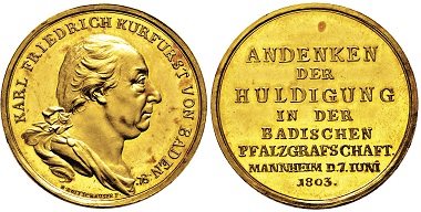 Los 3015: Kurfürstentum Baden. Karl Friedrich. 1803-1806. Rheingold-Medaille 1803. Taxe: 17.500 EUR.