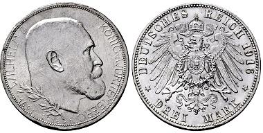 Los 4227: Königreich Württemberg. Wilhelm II. 1891-1918. 3 Mark 1916 F. Taxe: 4.500 EUR.